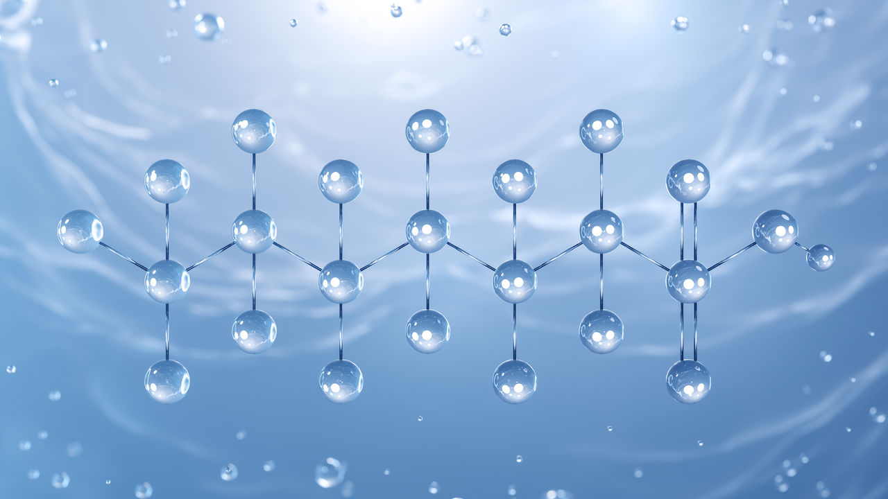 Perfluorohexanesulfonic acid molecular structure, 3d model molecule, PFHxS, structural chemical formula view from a microscope